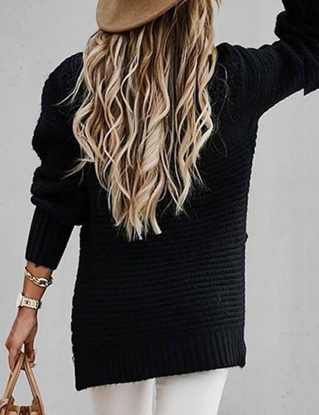 Ladies Solid Color Pullover Side Split Long Sleeves Sweater: Red / S