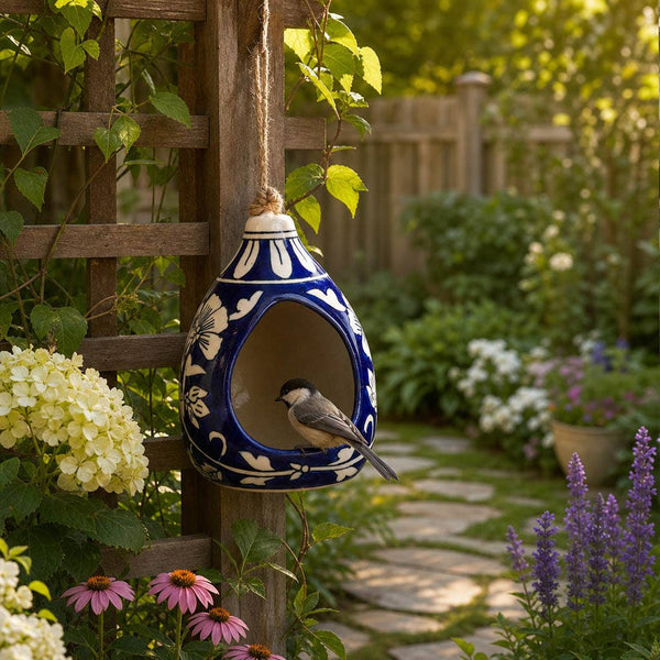 Bird Feeder - Blue/White Ceramic Teardrop Shape House, 12 in