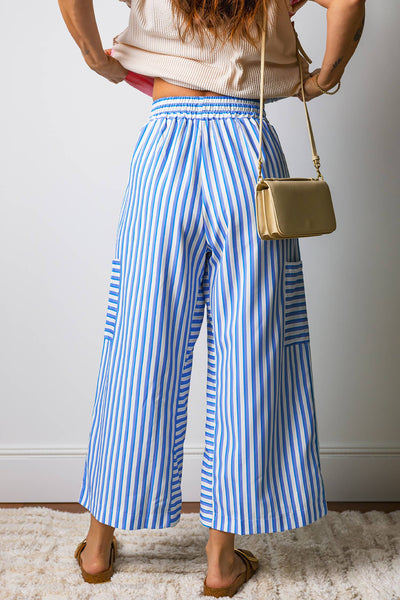 Stripe Waist Patch Pocket Wide Leg Pants Sky Blue Stripe / M