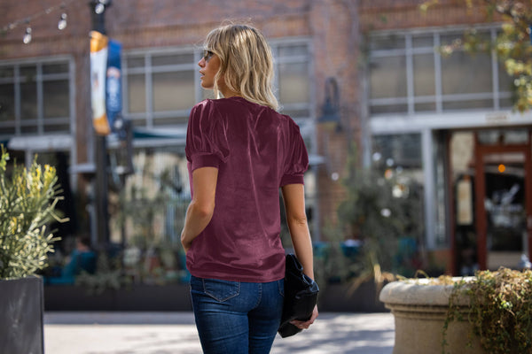 Velvet Short Puff Sleeve Sweater Knit Top: Wine / Large