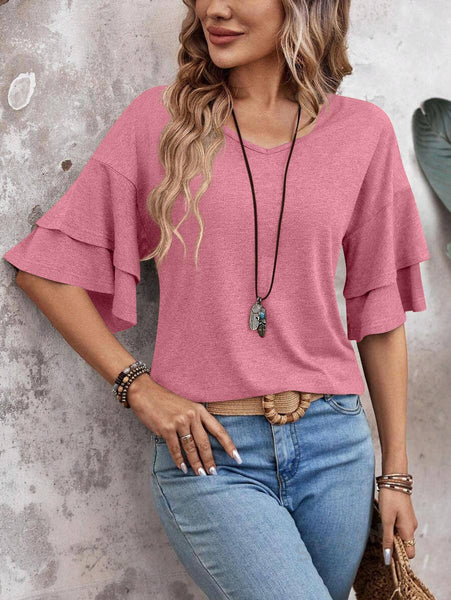 Womens Flutter Sleeve V Neck Summer Casual Blouse Top: Brown / 65%Rayon + 35%Polyester / L