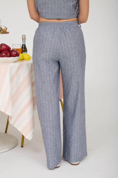STRIPE LINEN DRAWSTRING LOUNGE PANTS : NAVY