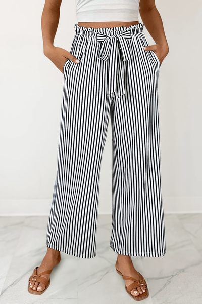 Black/White Stripe Drawstring Knot Wide-Leg Shift Pants |M
