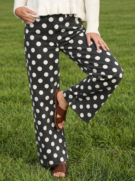 Polka Dot Straight Leg Cotton Denim Span Pants VP83369B: Brown / S