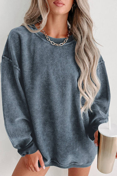 Round Neck Solid Ribbed Knit Pullover Sweatshirt: Khaki / 100%Polyester / 2XL