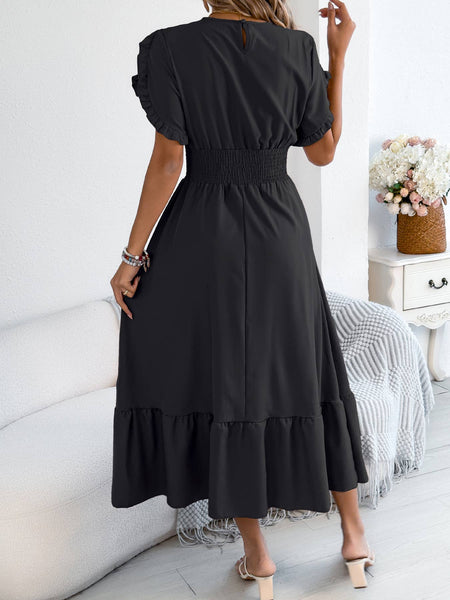 Smocked Waist Ruffle Sleeve Midi Dress: Black / M