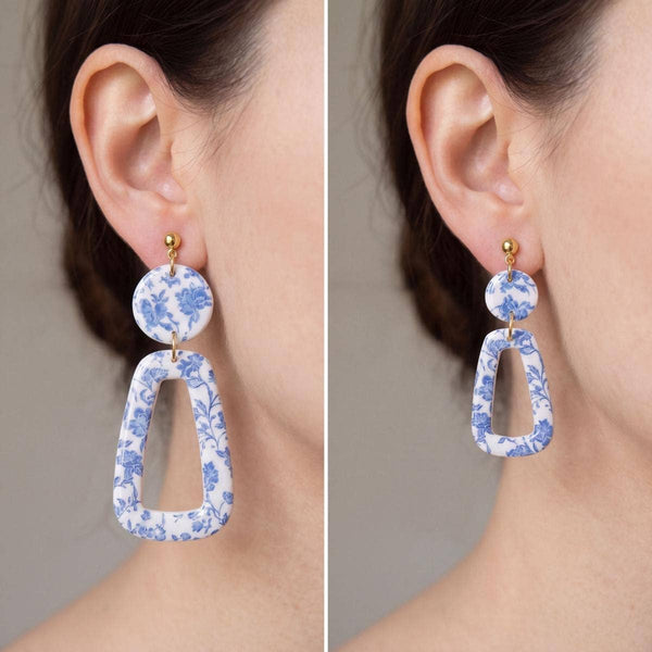 Blue Chinoiserie Polymer Clay Toile Dangle Earrings: 2