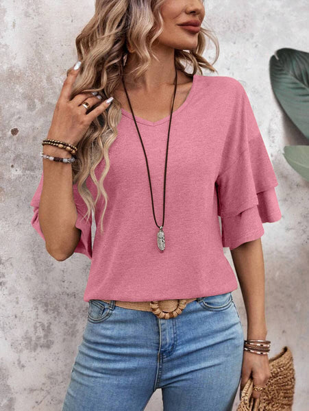 Womens Flutter Sleeve V Neck Summer Casual Blouse Top: Brown / 65%Rayon + 35%Polyester / XL