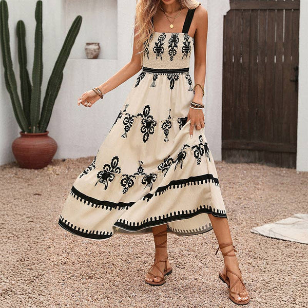 Boho Print Smocked Square Neck Midi Maxi Dress: Apricot / 80%Viscose 20%Polyamide / M