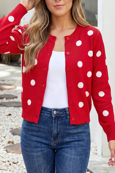 LDC Polka Dot Shift Long Sleeve Casual Sweater: Fiery Red / L