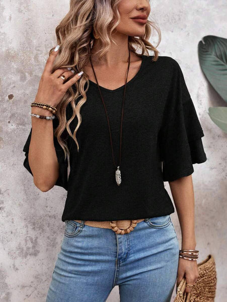 Womens Flutter Sleeve V Neck Summer Casual Blouse Top: Brown / 65%Rayon + 35%Polyester / XL