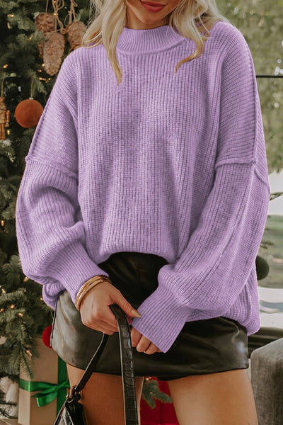 Solid Color Mock Neck Oversized Tunic Sweater: Orchid Bouquet / 52%Viscose+26%Polyester+22%Polyamide / L