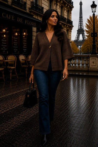 Women's Ribbed V Neck Button Knit Cardigan: Beige