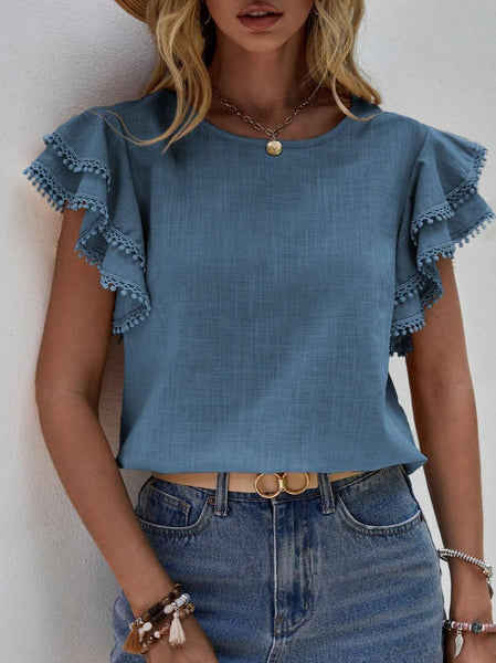 Crewneck Loose Lace Ruffle Short-Sleeved T-Shirt Top: Black