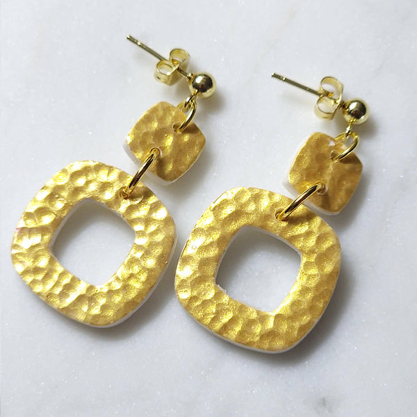 Geometric Polymer Clay Gold Hammered Square Dangle