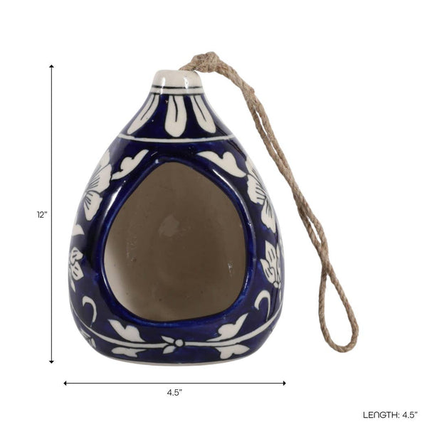 Bird Feeder - Blue/White Ceramic Teardrop Shape House, 12 in