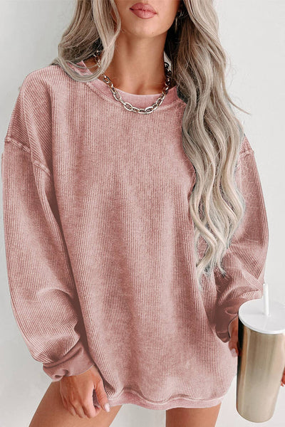 Round Neck Solid Ribbed Knit Pullover Sweatshirt: Khaki / 100%Polyester / M