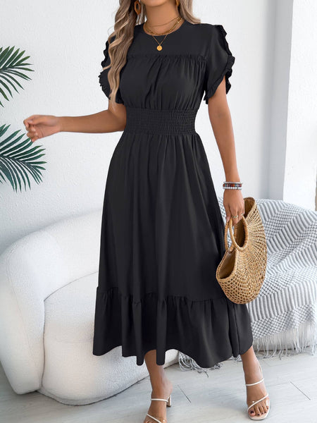 Smocked Waist Ruffle Sleeve Midi Dress: Black / S