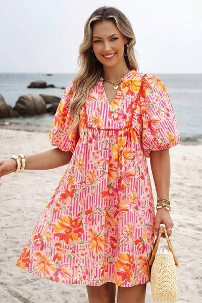 Striped Floral Print Tie Neck Puff Sleeve Loose Mini Dress: Pink / L