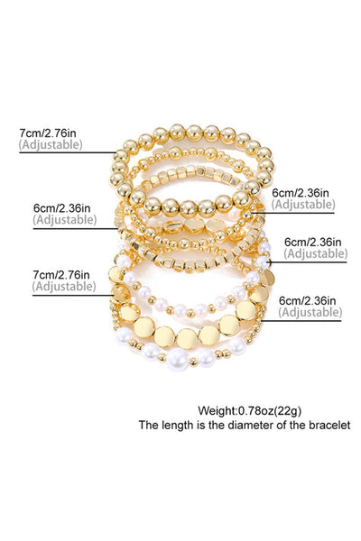 Gold Pearl Beaded Minimalist Multi Layer Elastic Bracelets: Gold / 60%Regenerated Fibre+40%Polyester / ONE SIZE