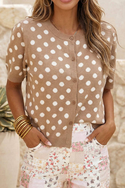 Polka Dot Short Sleeve Button Down Sweater Cardigan: Dark Khaki