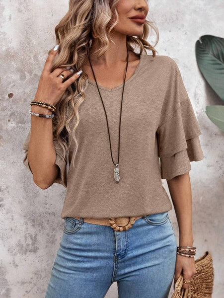 Womens Flutter Sleeve V Neck Summer Casual Blouse Top: Brown / 65%Rayon + 35%Polyester / S