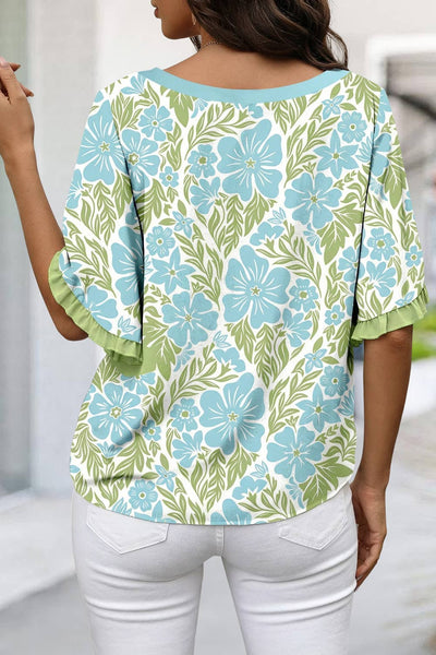 Shirt-Floral Print Frill Trim Blouse & Series |Sky Blue / S