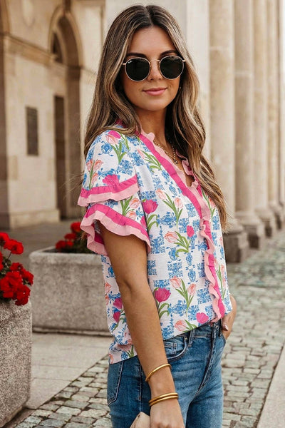 Floral Print Ruffled Trim V Neck Blouse | S-XL: As shown / S