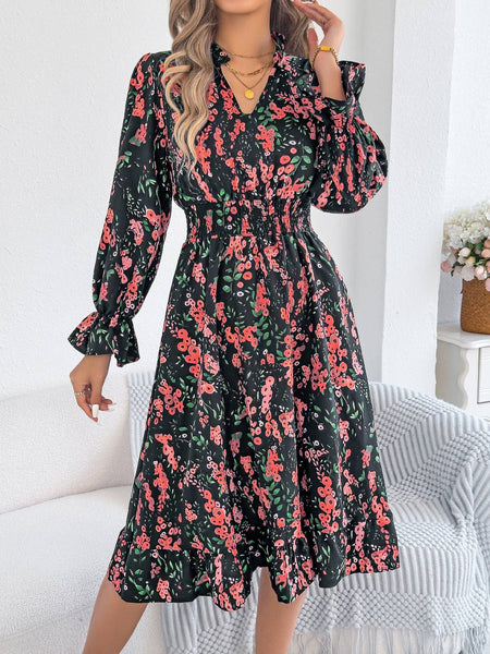 Floral Print Smocked Waist Long Sleeve Midi Dress: Green / L