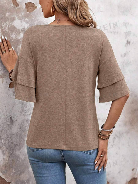 Womens Flutter Sleeve V Neck Summer Casual Blouse Top: Brown / 65%Rayon + 35%Polyester / XL