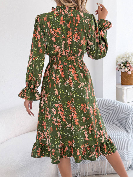 Floral Print Smocked Waist Long Sleeve Midi Dress: Green / XL