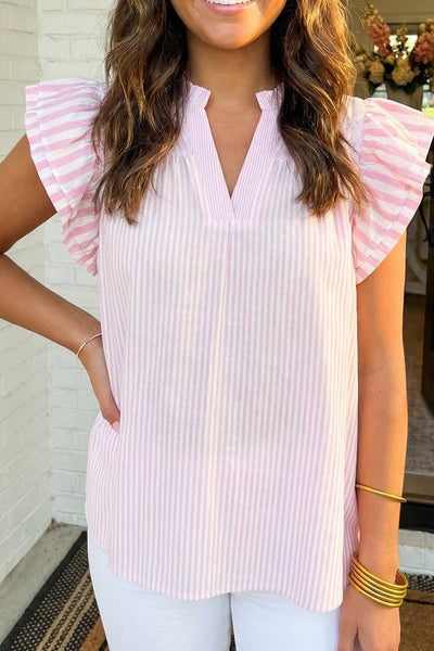 PINK Stripe Contrast V Neck Flutter Sleeve Blouse / L