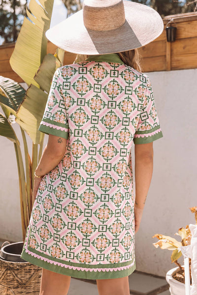 Dress-Boho Geometric Flower Print Short Sleeve Loose Mini Dress: Multicolour / S