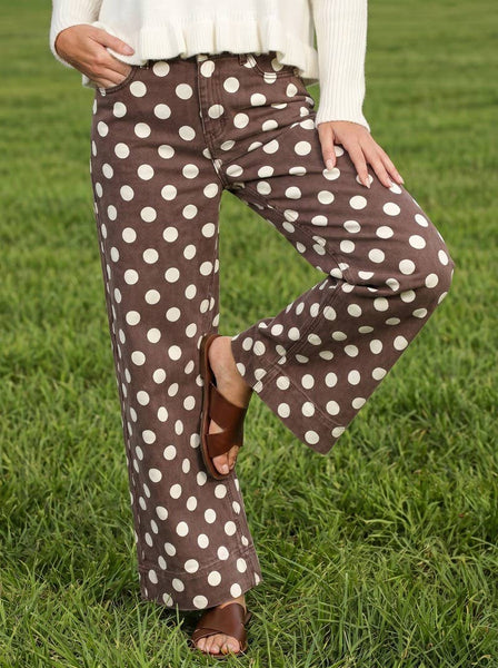 Polka Dot Straight Leg Cotton Denim Span Pants VP83369B: Brown / S