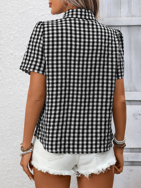 Gingham Button Front Short Sleeve Shirt: Navy / L