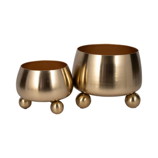 Plant Pot Set of 2 - Gold Metal Round with Ball Feet, 9/11in