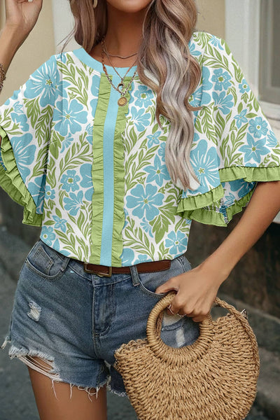 Shirt-Floral Print Frill Trim Blouse & Series |Sky Blue / M