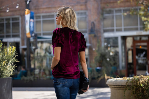 Velvet Short Puff Sleeve Sweater Knit Top: Wine / Large