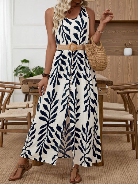 Sleeveless Printed Maxi Dress with Belt Button Front Detail Round Neck and Flowy Silhouette: Navy / Medium 8-10