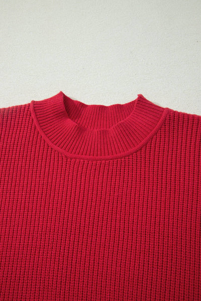 Solid Color Mock Neck Oversized Tunic Sweater: Red Dahlia / 52%Viscose+26%Polyester+22%Polyamide / L