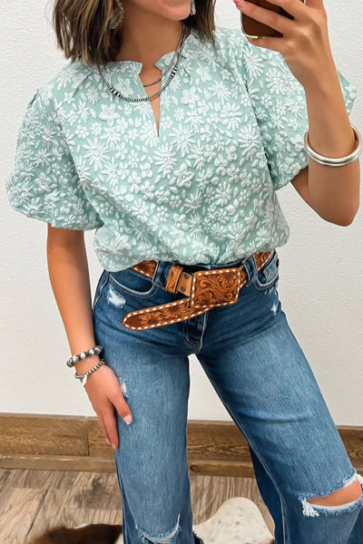 Spring 2026 Western Floral Textured V Neck Blouse: Iceland Blue / M