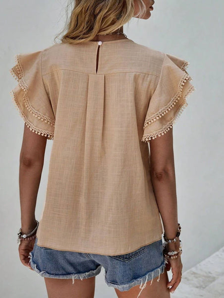 Crewneck Loose Lace Ruffle Short-Sleeved T-Shirt Top: Black