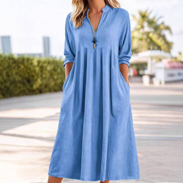 Solid Color Long Sleeve V Neck Pocket Dress: Khaki / L