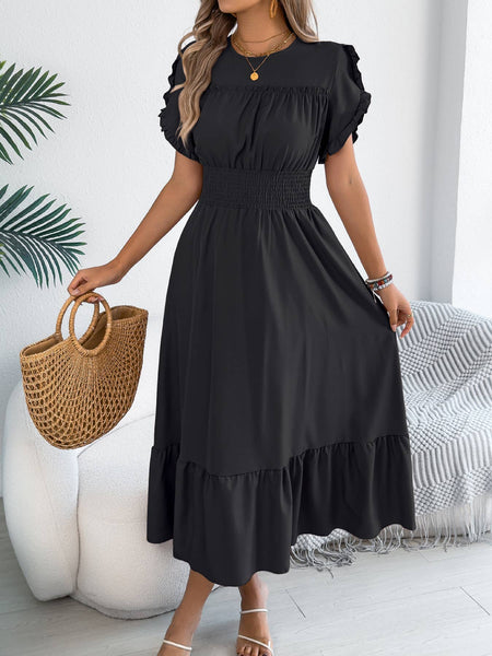 Smocked Waist Ruffle Sleeve Midi Dress: Black / M