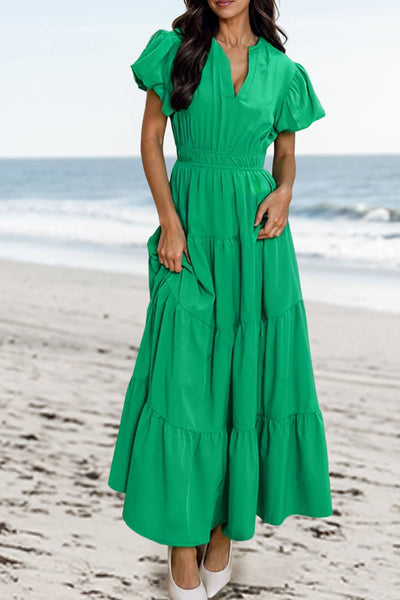 Solid V Neck Short Puff Sleeve Tiered Maxi Dress | S-XL: Bright Green / L