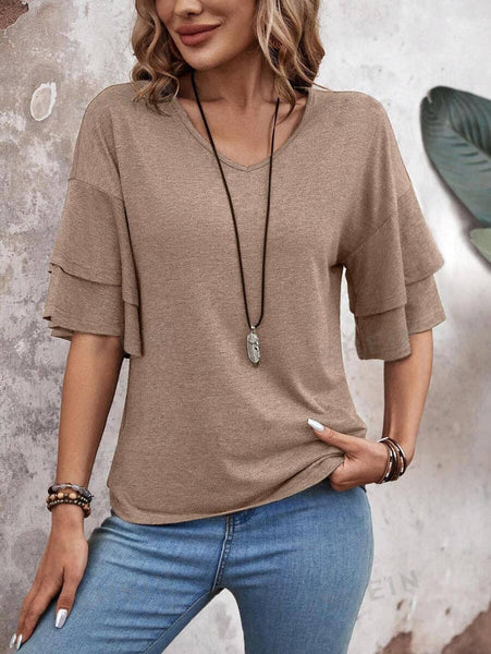 Womens Flutter Sleeve V Neck Summer Casual Blouse Top: Brown / 65%Rayon + 35%Polyester / S