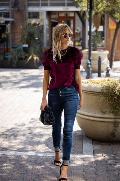 Velvet Short Puff Sleeve Sweater Knit Top: Wine / Large