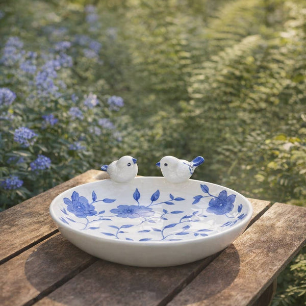 10x9" Floral Cinoiserie Bird Bath, Blue/white