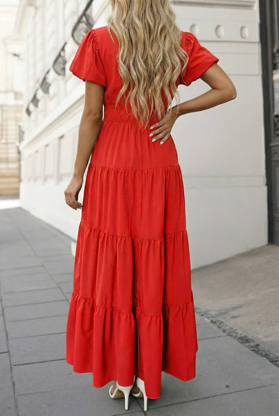 Solid V Neck Short Puff Sleeve Tiered Maxi Dress | S-XL: Bright Green / S