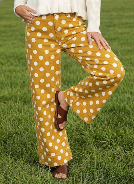 Polka Dot Straight Leg Cotton Denim Span Pants VP83369B: Brown / M